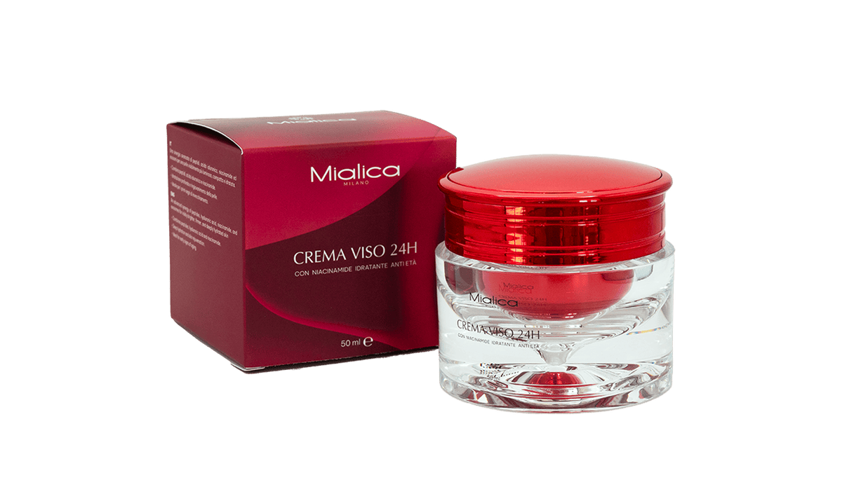 Vasetto trasparente Crema Viso 24H Mialica con coperchio rosso e scatola