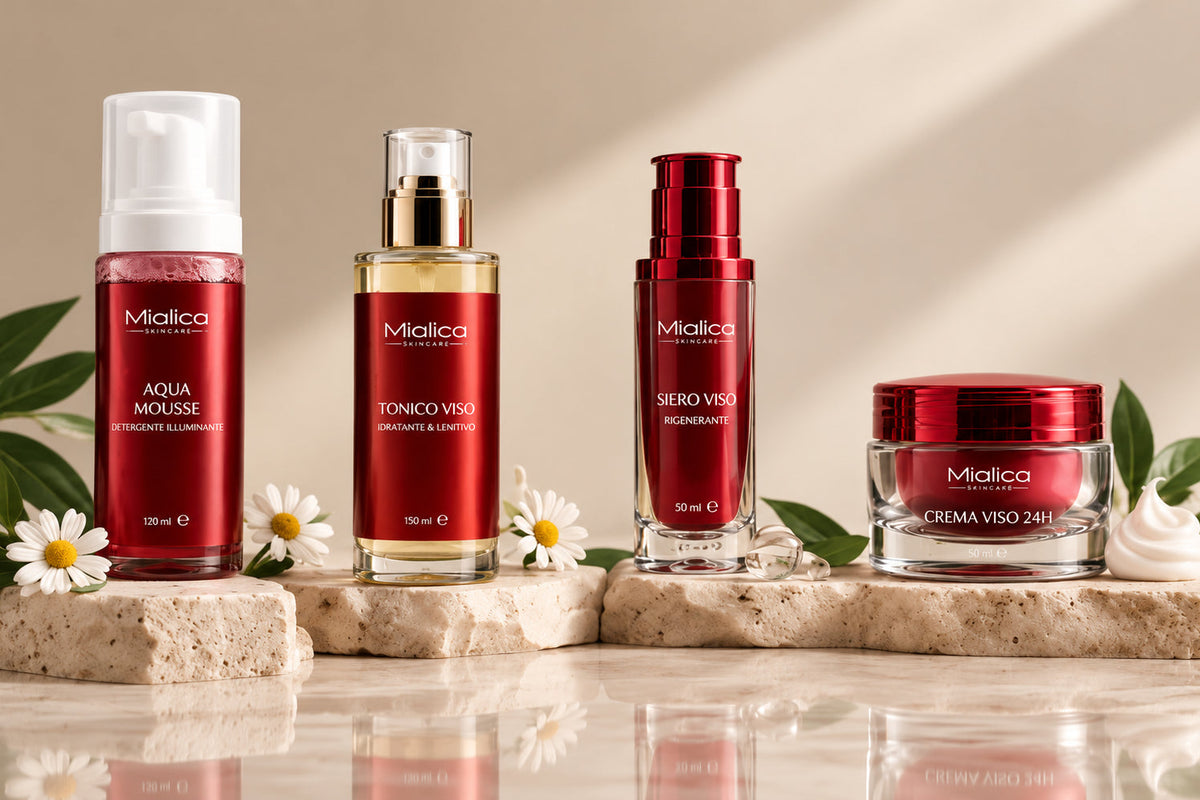 I quattro prodotti della Linea Viso Mialica: mousse, tonico, siero e crema