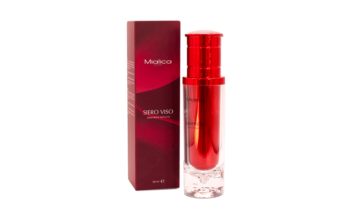 Flacone Siero Viso Mialica affiancato dalla scatola bordeaux