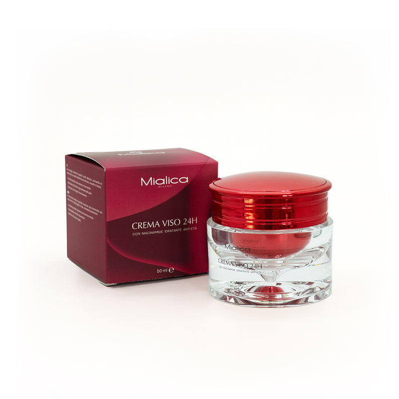 Crema Viso 24H Mialica, vasetto con coperchio rosso e confezione originale